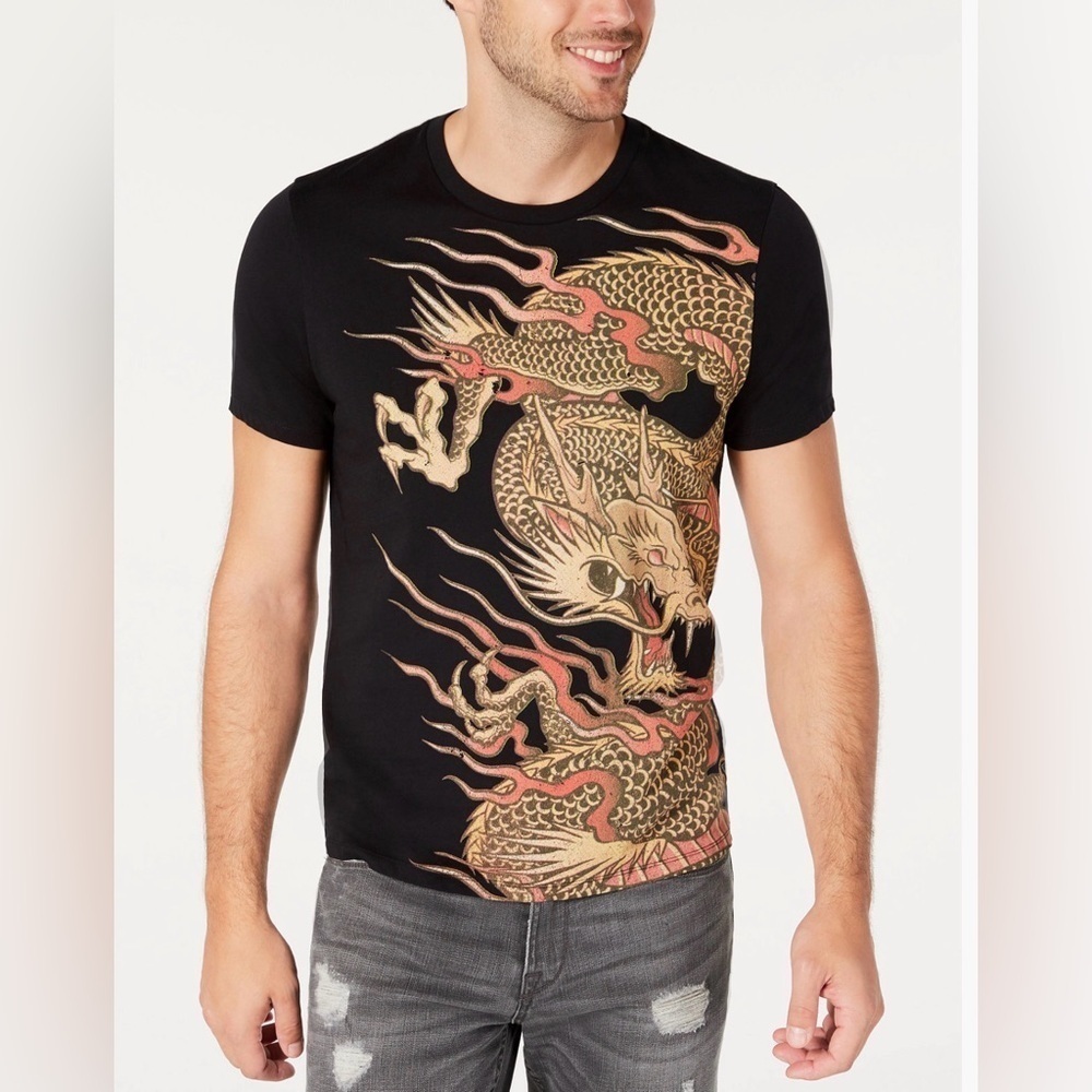 GUESS Men’s Dragon Print T-Shirt Black Sz Medium